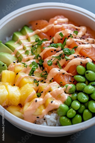 Fresh Pineapple Poke Bowl with Rice, Salmon, Avocado, Edamame and Sriracha Mayo Drizzle