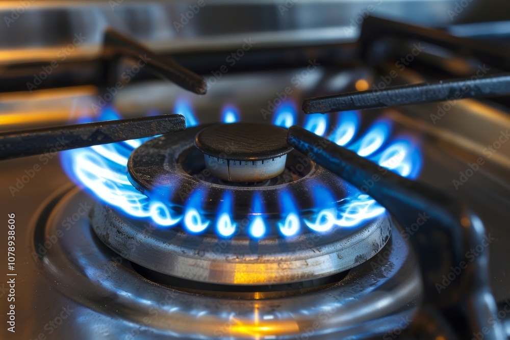 Flame burning on the kitchen gas stove. Close-up Flame burning on the kitchen gas stove. Close-up
