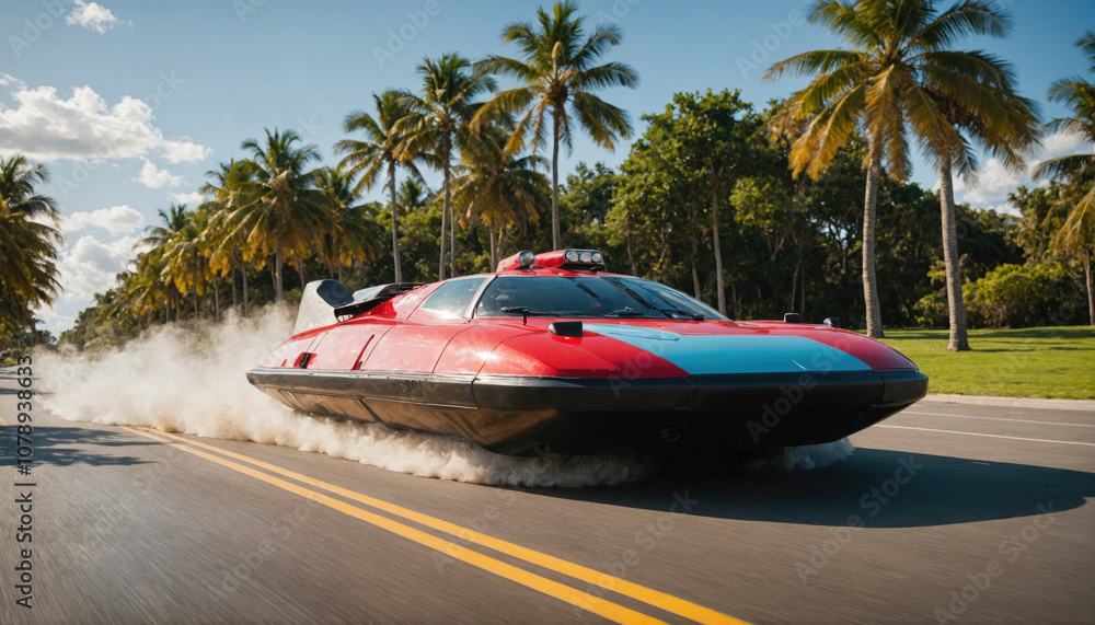 Fototapeta premium A red and blue hovercraft drives down a paved road, surrounded by palm trees on a sunny day