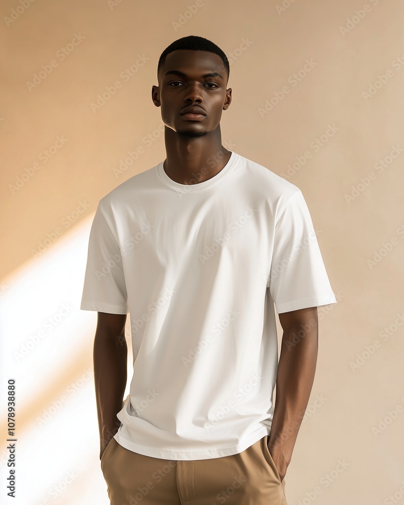 A hyper-realistic mockup of an attractive man wearing a plain white t-shirt and khaki slacks, styled in a minimalist fashion, standing against a clean background, illuminated by soft studio lighting A hyper-realistic mockup of an attractive man wearing a plain white t-shirt and khaki slacks, styled in a minimalist fashion, standing against a clean background, illuminated by soft studio lighting