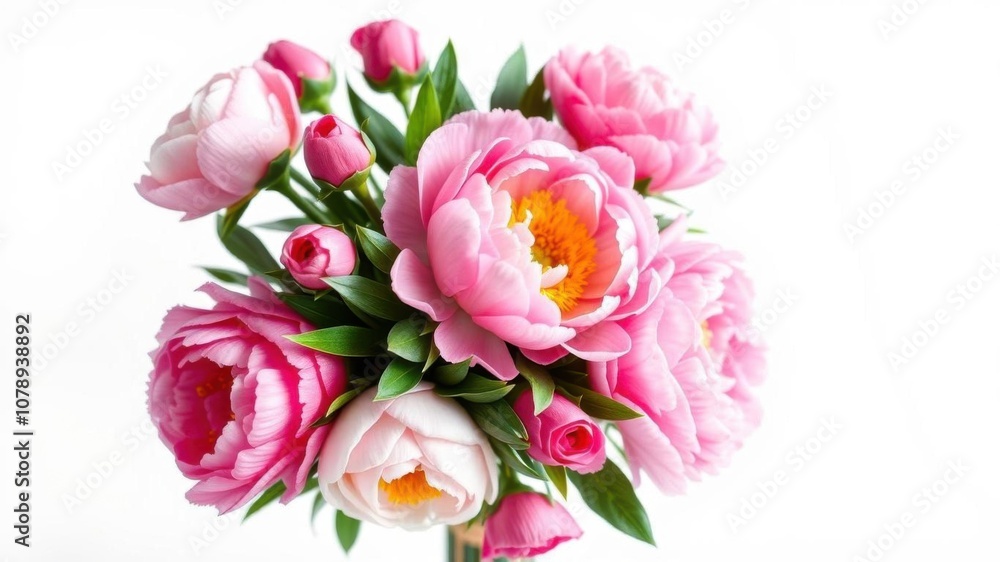 A vibrant arrangement of pink peonies and roses isolated on white background with space for text, bouquet, white background, vibrant A vibrant arrangement of pink peonies and roses isolated on white background with space for text, bouquet, white background, vibrant
