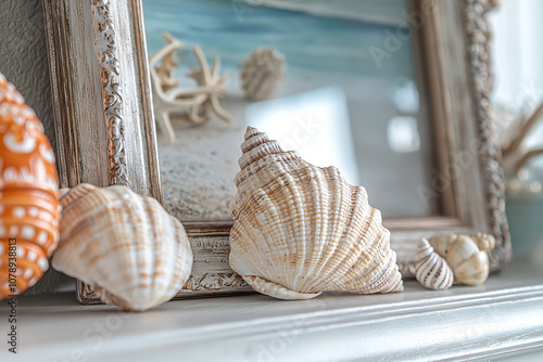 A seashell picture frame, paired with nautical accents, coastal-inspired decor and souvenirs. photo