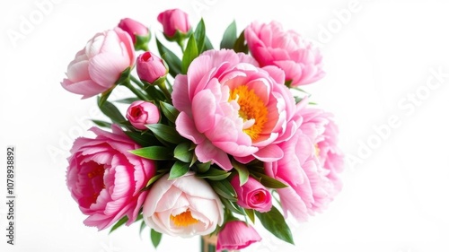 Fototapeta Naklejka Na Ścianę i Meble -  A vibrant arrangement of pink peonies and roses isolated on white background with space for text, bouquet, white background, vibrant