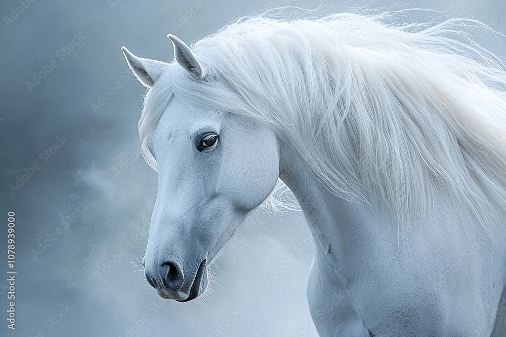 A white horse with a noble look, captured in a close-up shot in a stable. A white horse with a noble look, captured in a close-up shot in a stable.