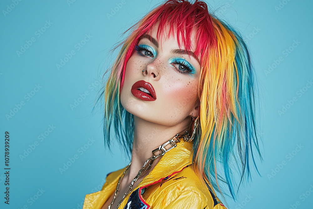 A woman with vibrant multicolored hair and striking makeup, creating an edgy, fashion-forward look in a bold portrait. A woman with vibrant multicolored hair and striking makeup, creating an edgy, fashion-forward look in a bold portrait.