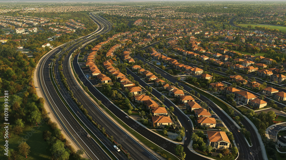 Aerial view of suburban neighborhood with winding roads and homes during sunset near a city skyline Aerial view of suburban neighborhood with winding roads and homes during sunset near a city skyline