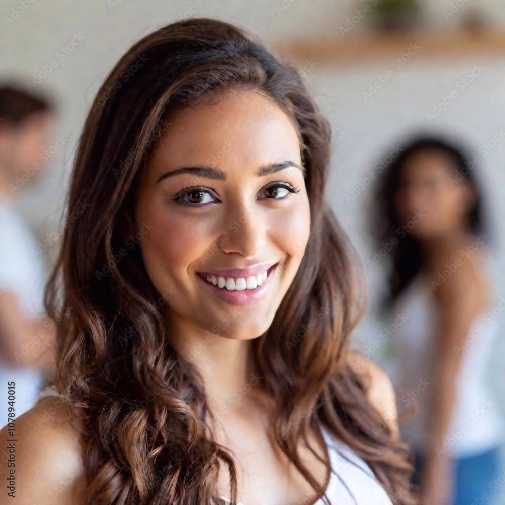 smiling beautiful young woman 30-35 years old, dark hair, engaging eyes, standing, head to waist view, standing in front of a group of diverse young women smiling beautiful young woman 30-35 years old, dark hair, engaging eyes, standing, head to waist view, standing in front of a group of diverse young women