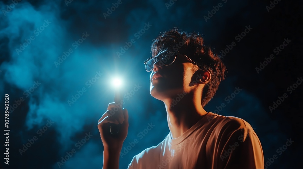 A young man holds a flashlight in front of him while looking up at the night sky, illuminated by a blue light A young man holds a flashlight in front of him while looking up at the night sky, illuminated by a blue light