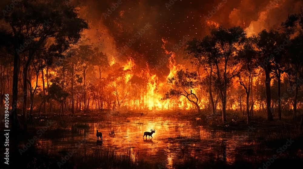 Forest fire fueled by climate change, with thick smoke and flames destroying vegetation and displacing animals Forest fire fueled by climate change, with thick smoke and flames destroying vegetation and displacing animals