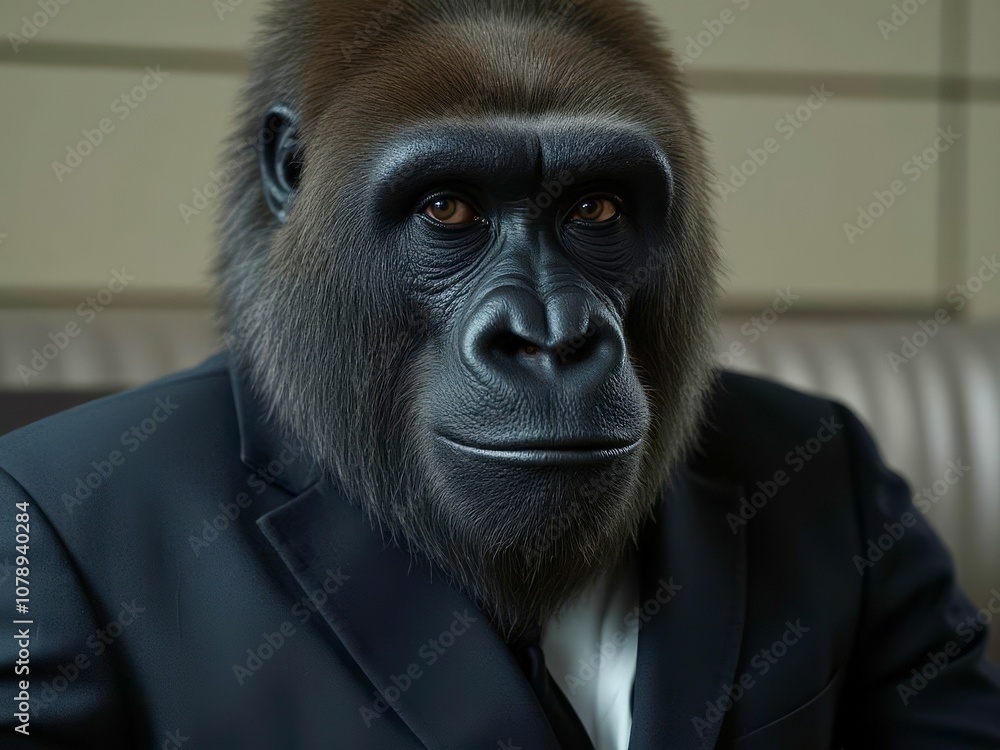 A gorilla in a black suit and tie is smiling A gorilla in a black suit and tie is smiling