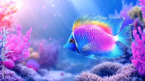 Colorful fish swimming in vibrant coral reef with blue water background. photo