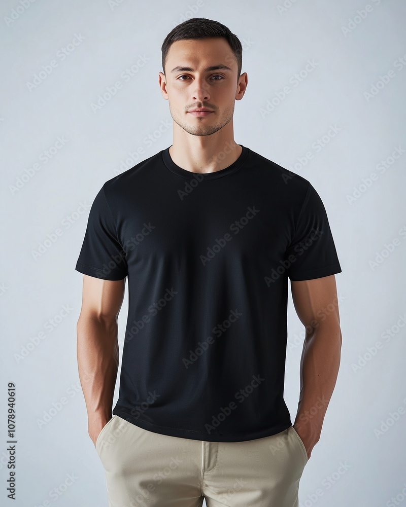 A hyper-realistic mockup of an attractive man wearing a plain black t-shirt and khaki slacks, styled in a minimalist fashion, standing against a clean background, illuminated by soft studio lighting A hyper-realistic mockup of an attractive man wearing a plain black t-shirt and khaki slacks, styled in a minimalist fashion, standing against a clean background, illuminated by soft studio lighting