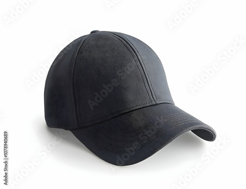 A black baseball cap with a curved brim, isolated on a white background.