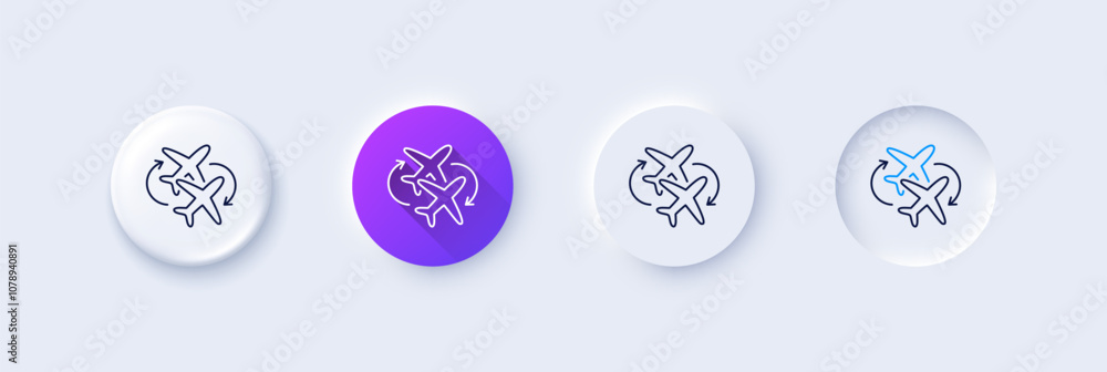 Connecting flight line icon. Neumorphic, Purple gradient, 3d pin buttons. Change airplane sign. Airport symbol. Line icons. Neumorphic buttons with outline signs. Vector Connecting flight line icon. Neumorphic, Purple gradient, 3d pin buttons. Change airplane sign. Airport symbol. Line icons. Neumorphic buttons with outline signs. Vector