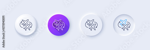Connecting flight line icon. Neumorphic, Purple gradient, 3d pin buttons. Change airplane sign. Airport symbol. Line icons. Neumorphic buttons with outline signs. Vector