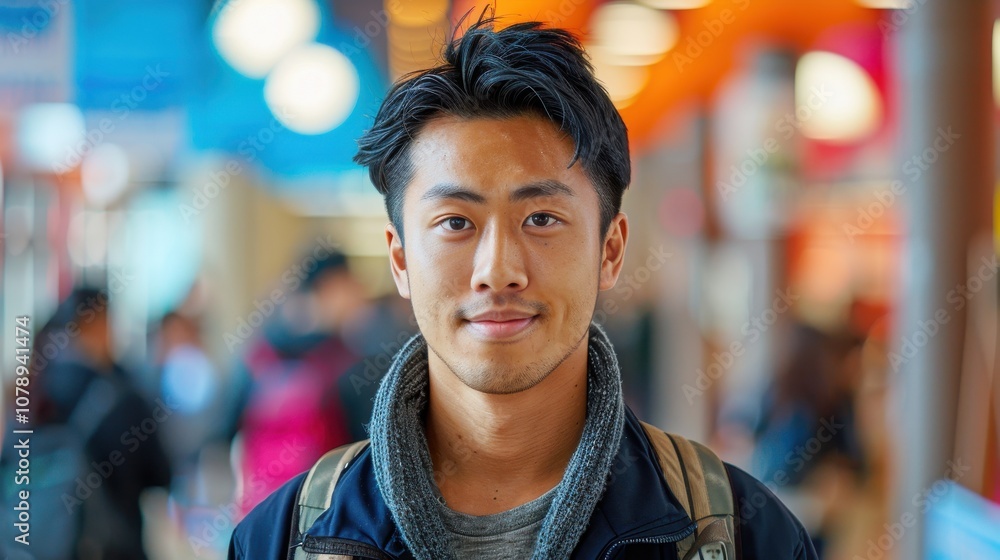 A backdrop of diverse colors illuminates an Asian student's introspective expression, marking his educational achievements A backdrop of diverse colors illuminates an Asian student's introspective expression, marking his educational achievements