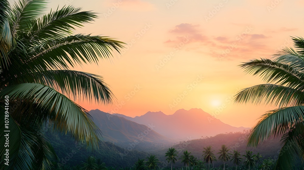 Breathtaking Tropical Sunset Over Lush Mountains and Palm Trees Capturing Nature's Serenity. Banana, Tropical, Organic Concept Breathtaking Tropical Sunset Over Lush Mountains and Palm Trees Capturing Nature's Serenity. Banana, Tropical, Organic Concept