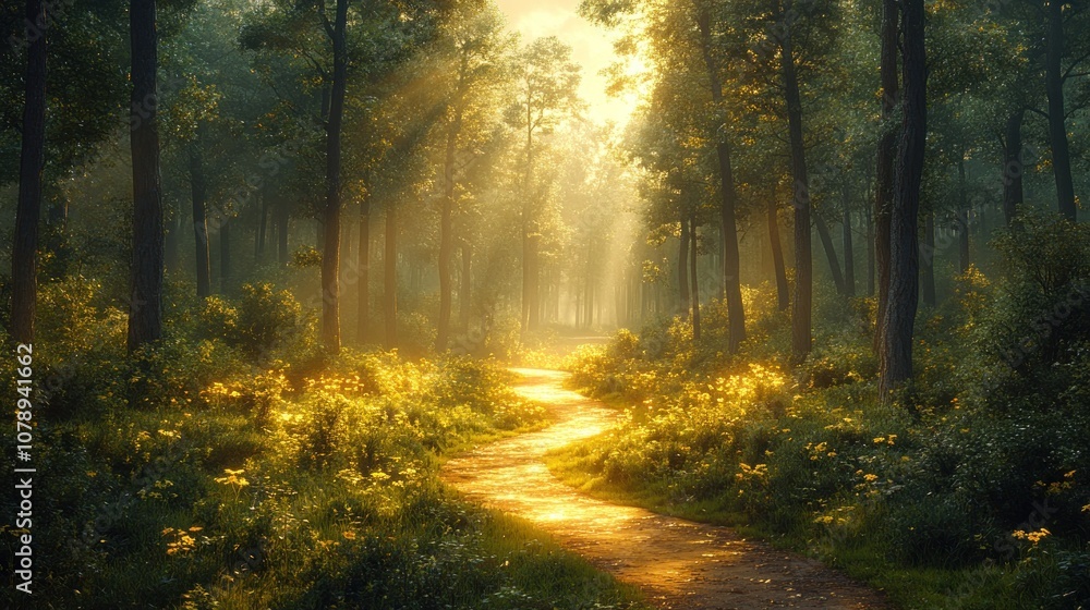 Serene forest path illuminated by golden sunlight. Serene forest path illuminated by golden sunlight.