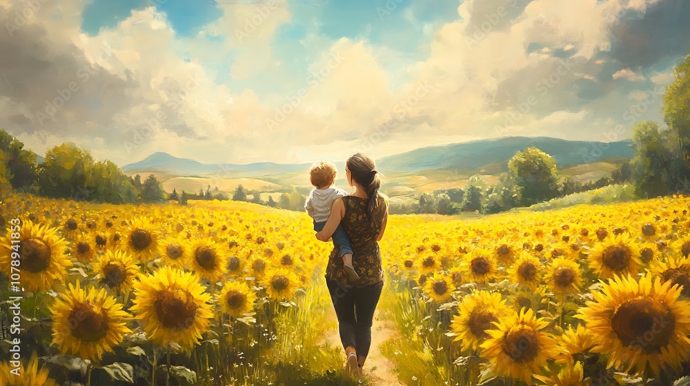Fototapeta premium A mother carrying her child while walking through a sunflower field, both enjoying the beauty of nature around them