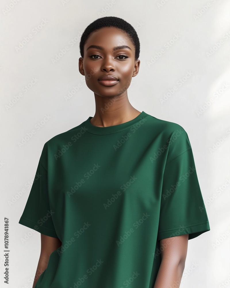 A wrinkle-free forest green oversize t-shirt mockup on a relaxed full-body female model with short hair, in a soft-lit photo studio with a minimalist, low-saturation background A wrinkle-free forest green oversize t-shirt mockup on a relaxed full-body female model with short hair, in a soft-lit photo studio with a minimalist, low-saturation background