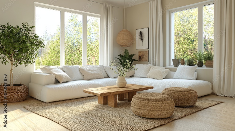 Bright, airy living room with a white sectional sofa, natural wooden coffee table, beige rug, and potted plants. Neutral beige walls complete the calm decor. Bright, airy living room with a white sectional sofa, natural wooden coffee table, beige rug, and potted plants. Neutral beige walls complete the calm decor.