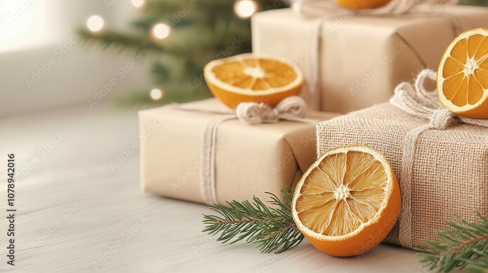 Sustainable Christmas shopping concept. Display of gifts wrapped with sustainable materials like burlap, dried citrus, and pine, cozy and festive vibe Sustainable Christmas shopping concept. Display of gifts wrapped with sustainable materials like burlap, dried citrus, and pine, cozy and festive vibe
