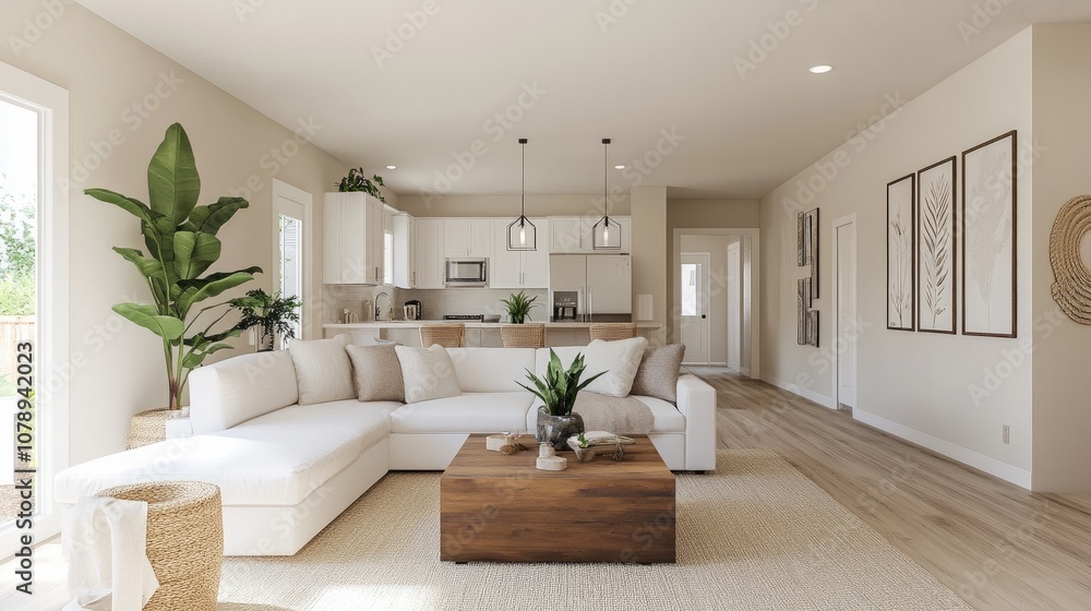 Fototapeta premium Bright, airy living room with a white sectional sofa, natural wooden coffee table, beige rug, and potted plants. Neutral beige walls complete the calm decor.