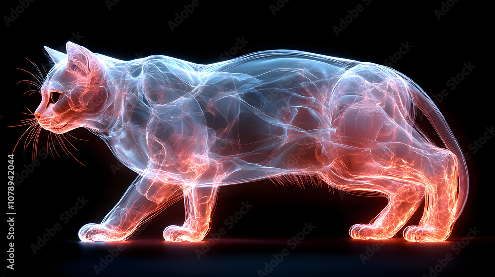 A transparent hologram of an ethereal cat floating on a black background, with glowing, translucent features and a futuristic design, capturing the fusion of technology and nature in a mesmerizing dig A transparent hologram of an ethereal cat floating on a black background, with glowing, translucent features and a futuristic design, capturing the fusion of technology and nature in a mesmerizing dig