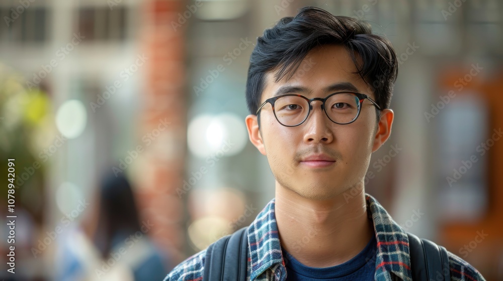 A backdrop of diverse colors illuminates an Asian student's introspective expression, marking his educational achievements A backdrop of diverse colors illuminates an Asian student's introspective expression, marking his educational achievements