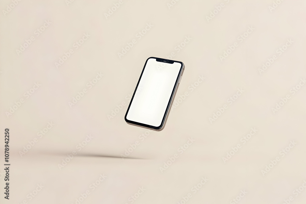 A black smartphone with a white screen floats in mid-air against a light beige background. A black smartphone with a white screen floats in mid-air against a light beige background.