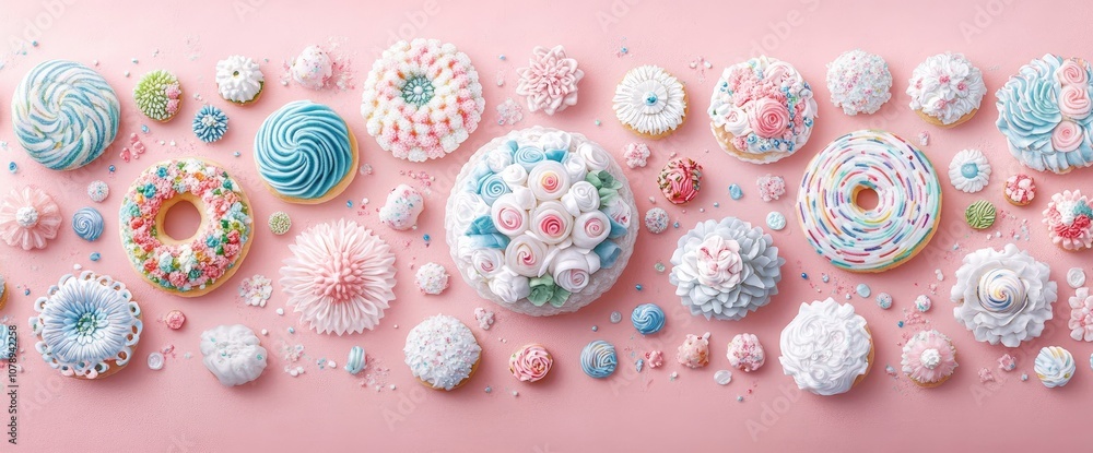 Pastel Flower Decorated Cookies on Pink Background Pastel Flower Decorated Cookies on Pink Background
