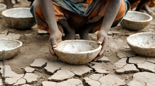 Poor African Children Holding Empty Bowls in Africa Highlighting Food Insecurity and Poverty Awareness. Generative ai