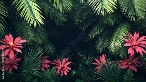 A Lush Tropical Garden With Vibrant Flowers And Deep Green Banana Plants Exuding Serenity. Banana, Tropical, Organic Concept photo