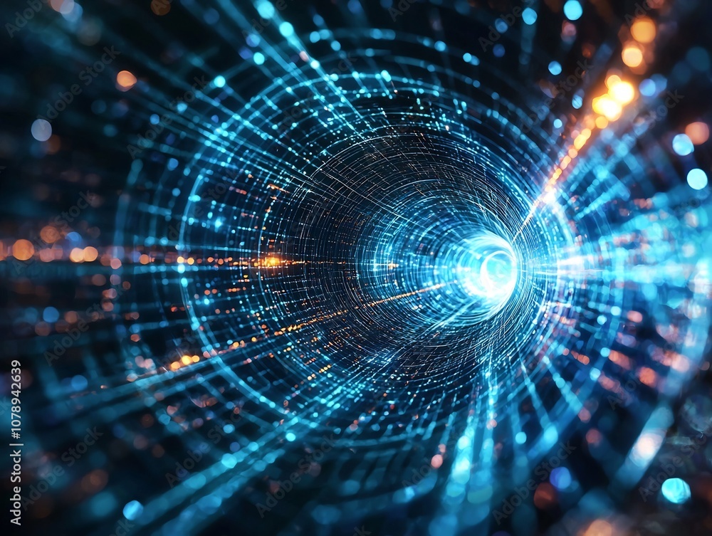 Glowing Quantum Internet Data Stream Tunneling Through Space Time Visualization Glowing Quantum Internet Data Stream Tunneling Through Space Time Visualization