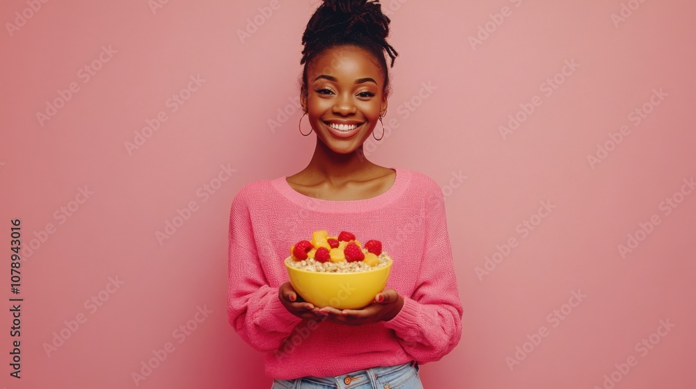 Young African American woman smiling while holding healthy bowl of fiber-rich spelt porridge with fresh fruit toppings. Generative ai Young African American woman smiling while holding healthy bowl of fiber-rich spelt porridge with fresh fruit toppings. Generative ai