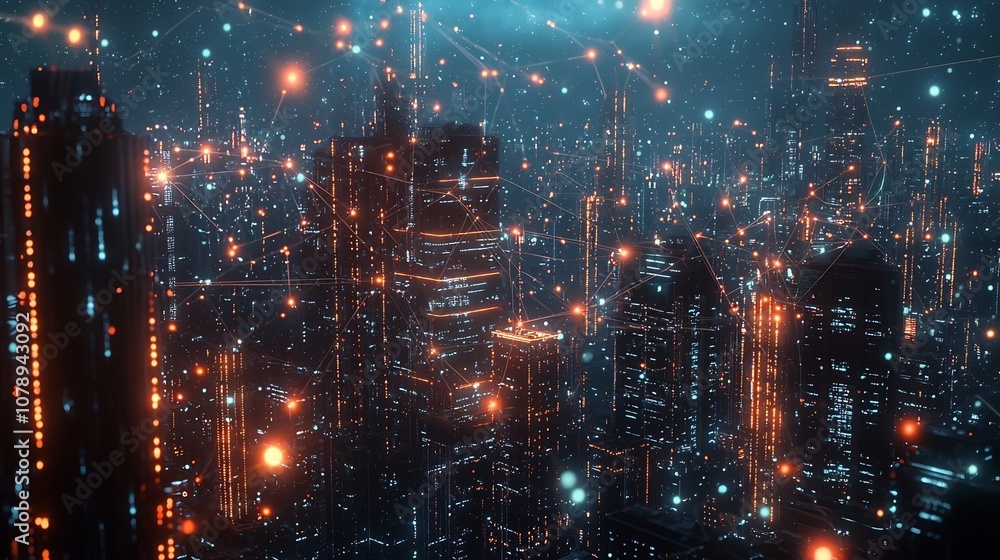 Fototapeta premium Cybernetic City with Glowing Quantum Internet Lines Illustrating Secure Data Exchange