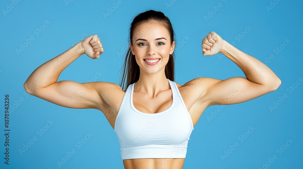 Smiling woman showcasing strong arms against a blue background Smiling woman showcasing strong arms against a blue background