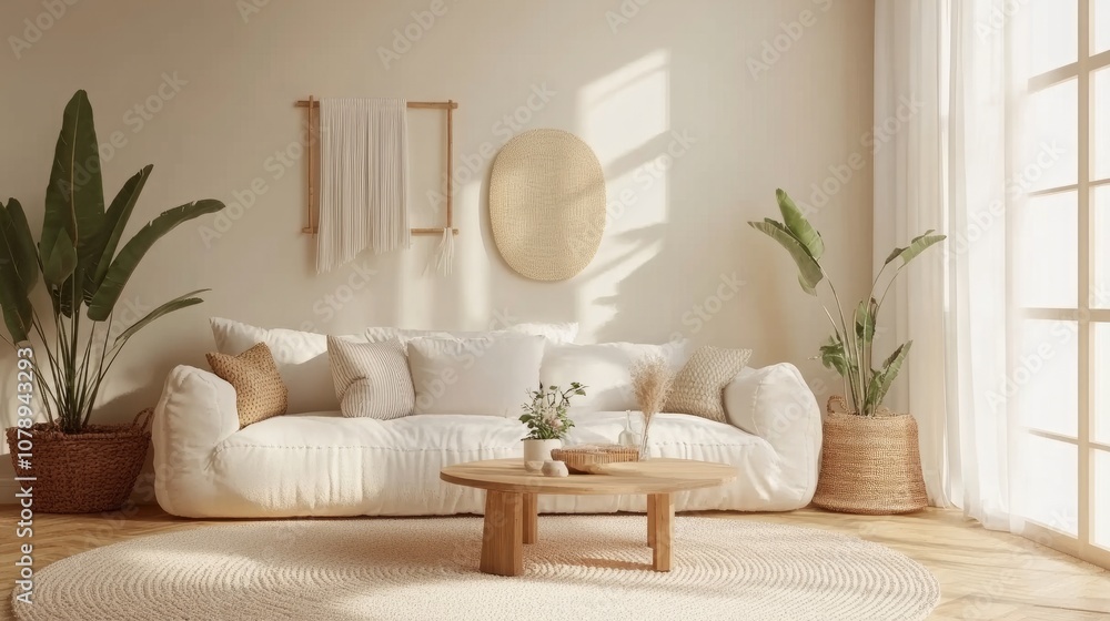 Elegant minimalist living room with a cozy white sofa, wooden coffee table, and beige rug, with plants for a refreshing touch. Beige walls add warmth. Elegant minimalist living room with a cozy white sofa, wooden coffee table, and beige rug, with plants for a refreshing touch. Beige walls add warmth.