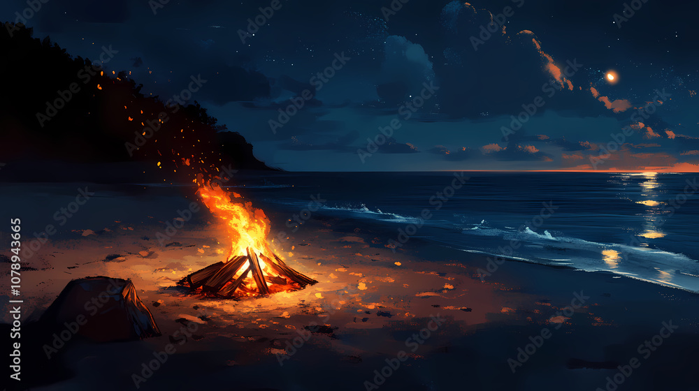 A campfire burns brightly on the beach at night, casting a warm glow on the sand with the ocean in the background. Romantic. Illustration A campfire burns brightly on the beach at night, casting a warm glow on the sand with the ocean in the background. Romantic. Illustration
