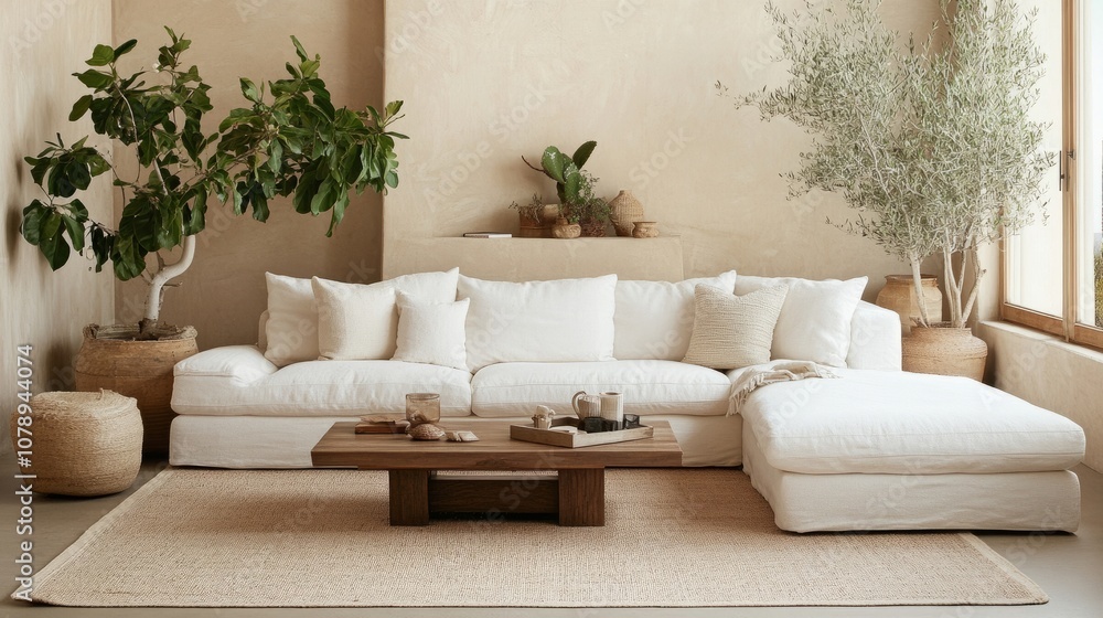 Fototapeta premium Minimalist living room featuring a white sectional sofa, wooden coffee table, beige rug, and potted plants, all against a neutral beige wall.