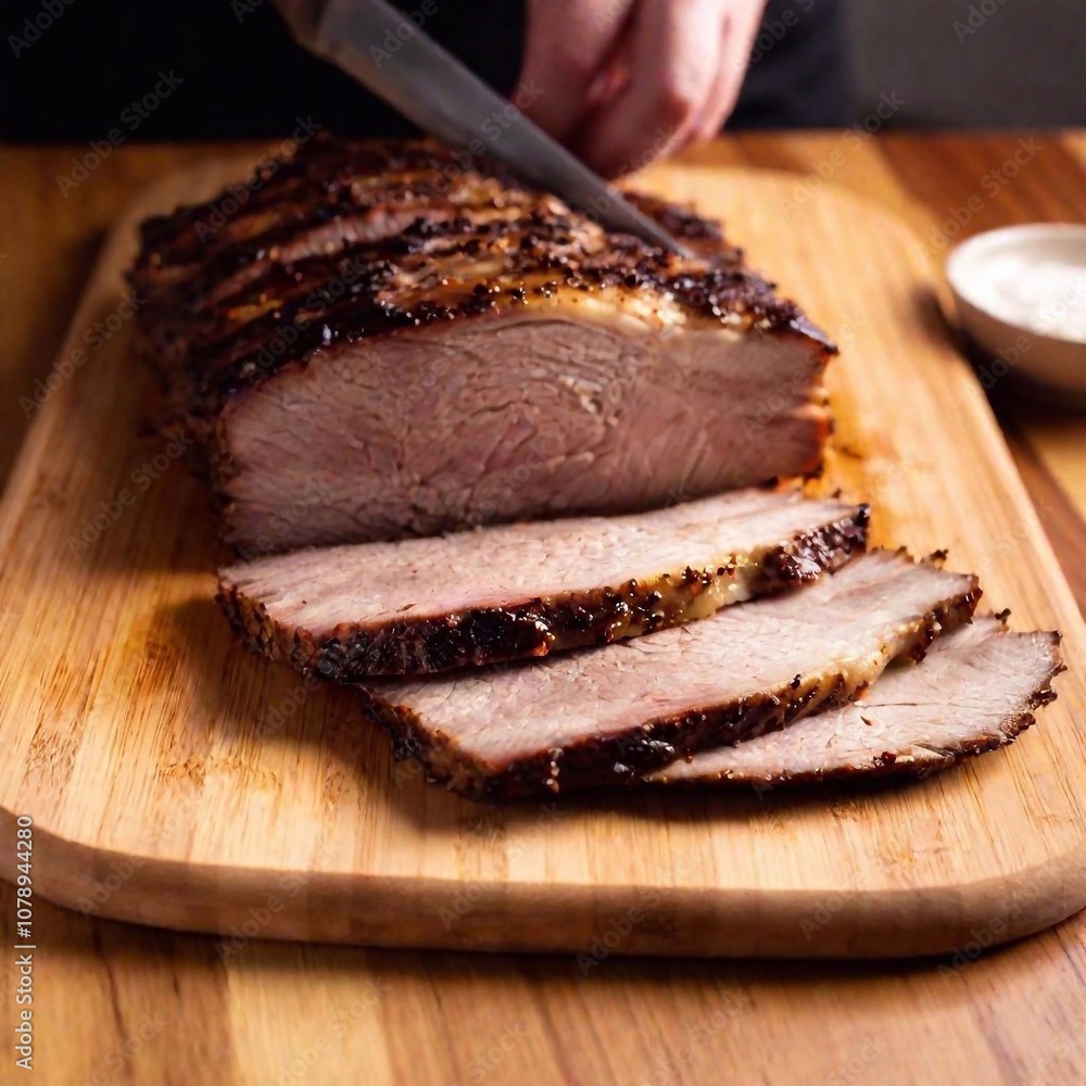 Medium Shot of Barbecue Brisket Being Sliced on a Cutting Board: A hip-level photo of a brisket being sliced after grilling, with deep focus on the knife cutting through the juicy, tender meat. Medium Shot of Barbecue Brisket Being Sliced on a Cutting Board: A hip-level photo of a brisket being sliced after grilling, with deep focus on the knife cutting through the juicy, tender meat.