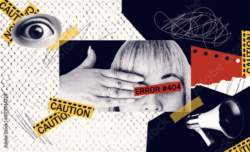 Retro collage in halftones with a girl, a hand, and eyes. The concept of online marketing and promotion. Vector.