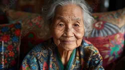 Against a colorful backdrop, a thoughtful elderly woman's contemplative pose reflects on a lifetime of memories and lessons learned