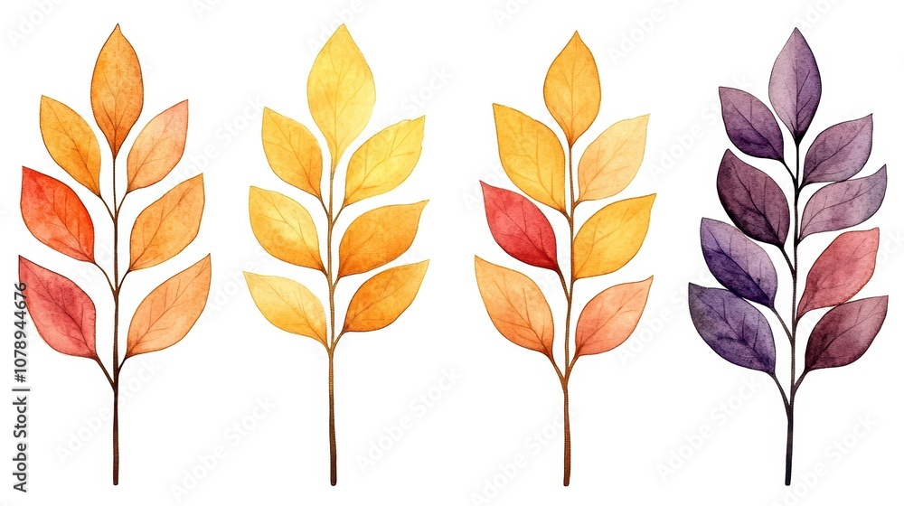 Fototapeta premium Colorful watercolor leaves arranged in a decorative pattern on a white background.