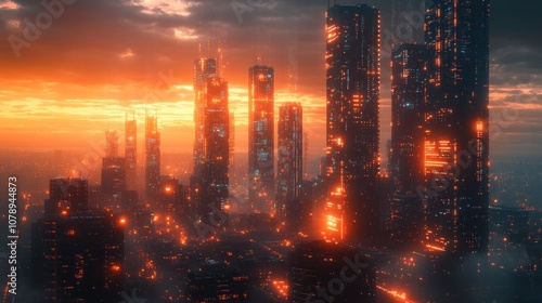 Futuristic cityscape at sunset with glowing skyscrapers.