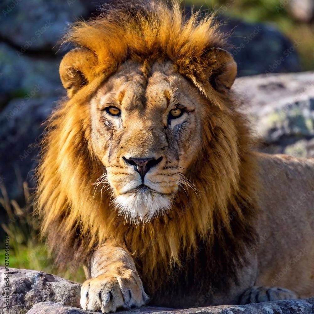 A macro photo of a lion resting on a rocky outcrop, deep focus on its relaxed posture and the texture of its mane, high-angle shot capturing the full body of the lion and the expansive landscape stret A macro photo of a lion resting on a rocky outcrop, deep focus on its relaxed posture and the texture of its mane, high-angle shot capturing the full body of the lion and the expansive landscape stret
