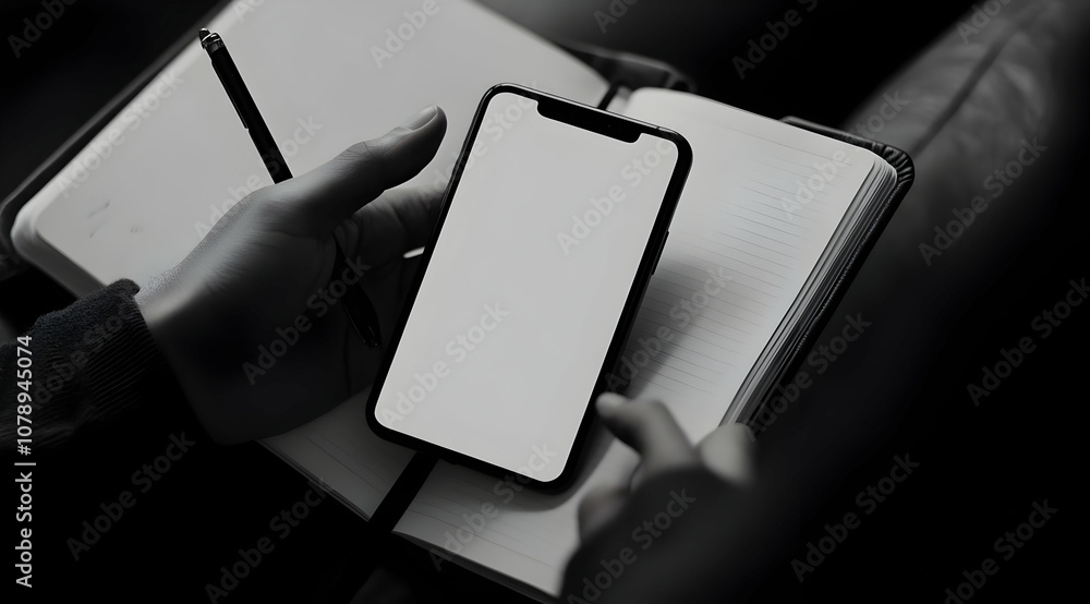 A close-up of a hand holding a smartphone with a blank screen, next to an open notebook with a pen on top. A close-up of a hand holding a smartphone with a blank screen, next to an open notebook with a pen on top.
