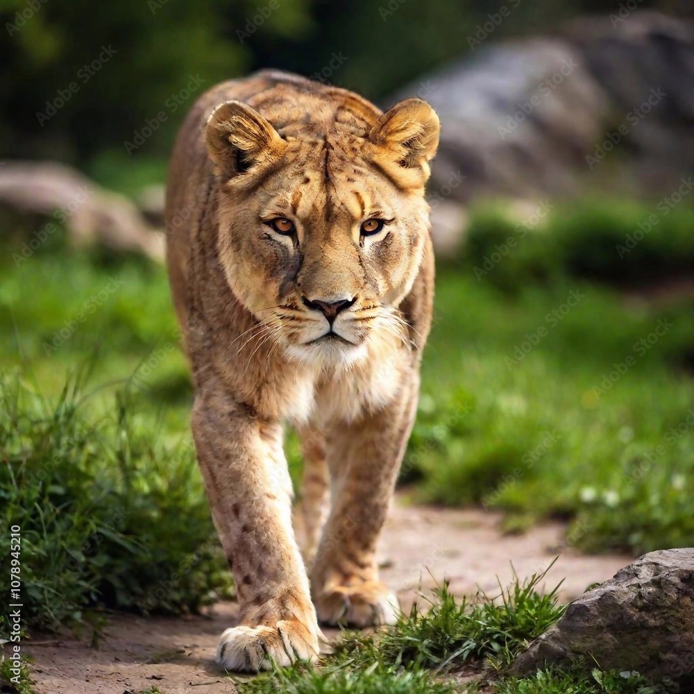 Obraz premium A full shot photo of a lioness crouched and ready to pounce, deep focus on its tense muscles and predatory gaze, low-angle shot that accentuates its readiness to spring forward and its raw power