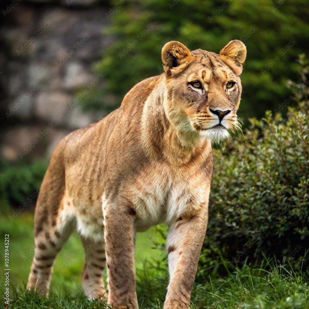 A full shot photo of a lioness crouched and ready to pounce, deep focus on its tense muscles and predatory gaze, low-angle shot that accentuates its readiness to spring forward and its raw power A full shot photo of a lioness crouched and ready to pounce, deep focus on its tense muscles and predatory gaze, low-angle shot that accentuates its readiness to spring forward and its raw power