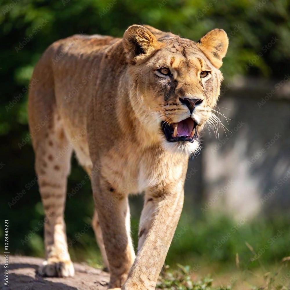 A full shot photo of a lioness in mid-roar, deep focus on its open mouth and intense facial expression, low-angle shot capturing the full body and the dynamic energy of its powerful stance A full shot photo of a lioness in mid-roar, deep focus on its open mouth and intense facial expression, low-angle shot capturing the full body and the dynamic energy of its powerful stance